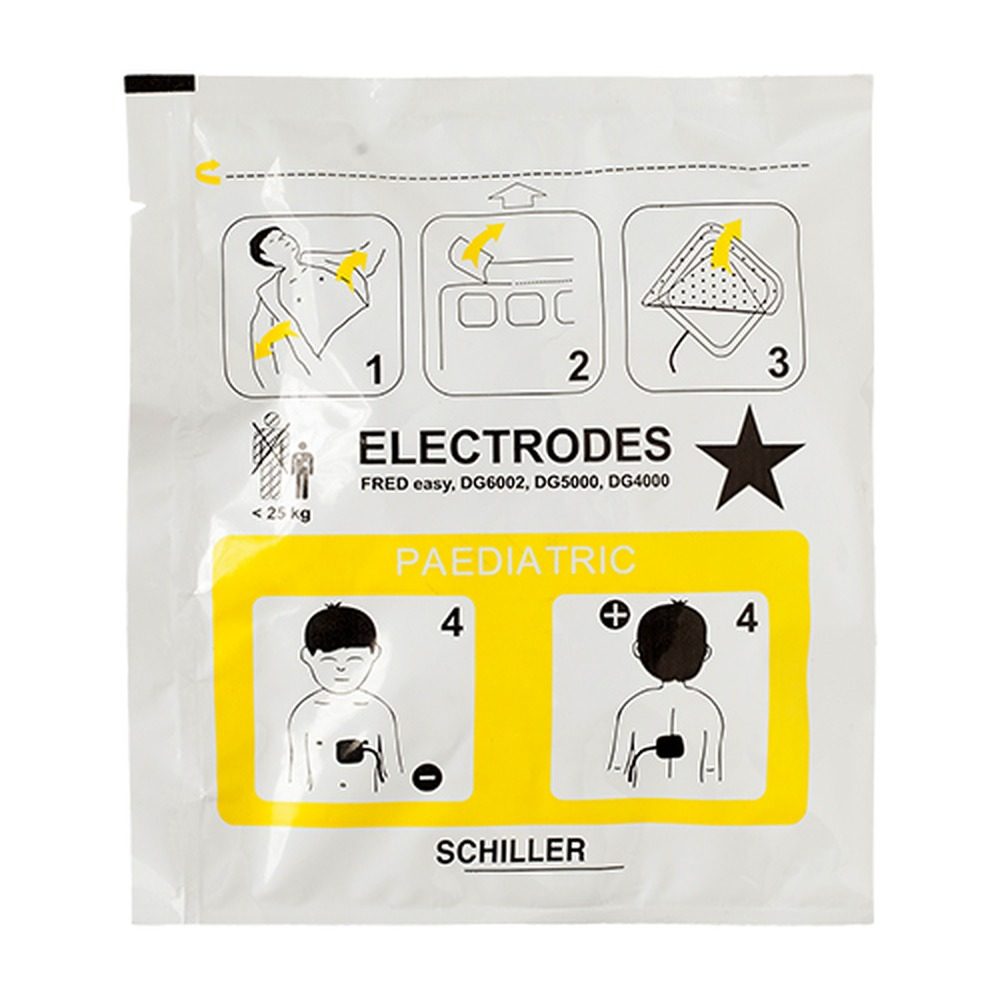 Elettrodi pediatrici preconnessi Schiller 0-21-0037 per defibrillatore Fred Easy con scritta paediatric