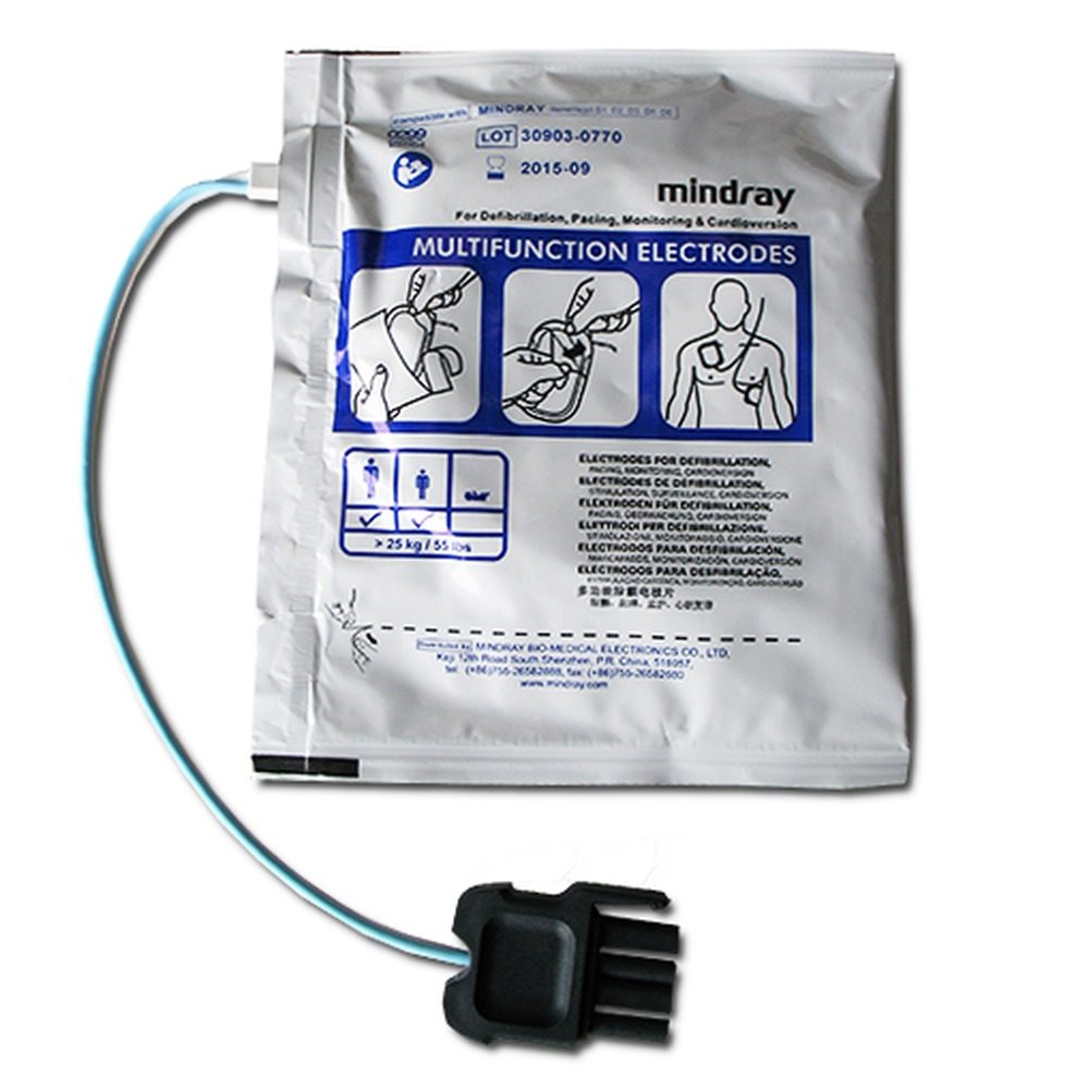 Elettrodi Mindray MR60 per defibrillatore BeneHeart D1 in busta sigillata con pittogrammi di posizionamento