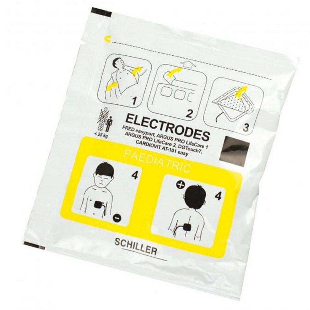 Elettrodi pediatrici Schiller per defibrillatore Fred Easyport e DefiSign Life con dicitura paediatric